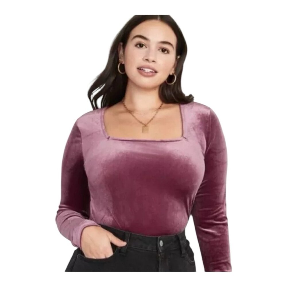 Old Navy Velvet Bodysuit XXL Mauve Plum Square Neck Long Sleeve Stretch Top
